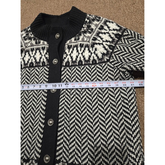 Lands End Womens Black White Fair Isle Chevron Cardigan Sweater L 14-16 534405 - Picture 8 of 10